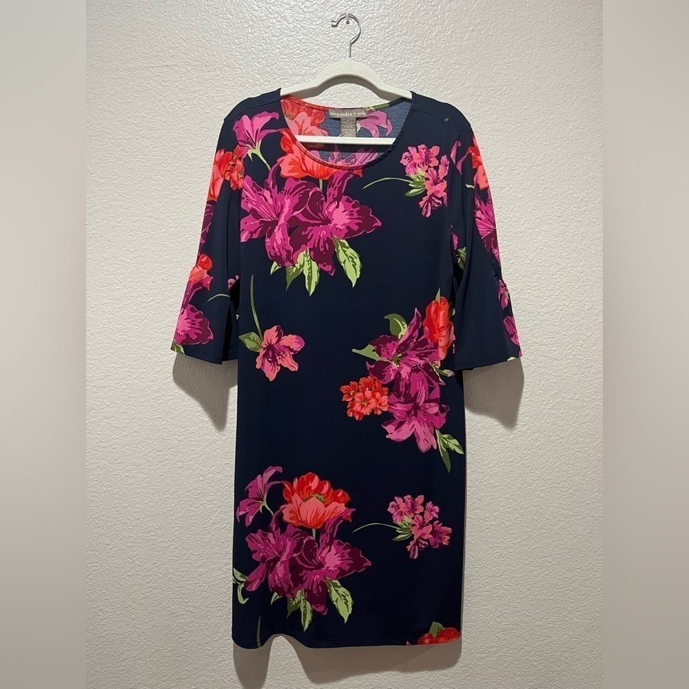 Alexandra+Oak Deep Blue Floral Jersey Dress Knee Length Size XL Career TC0840
